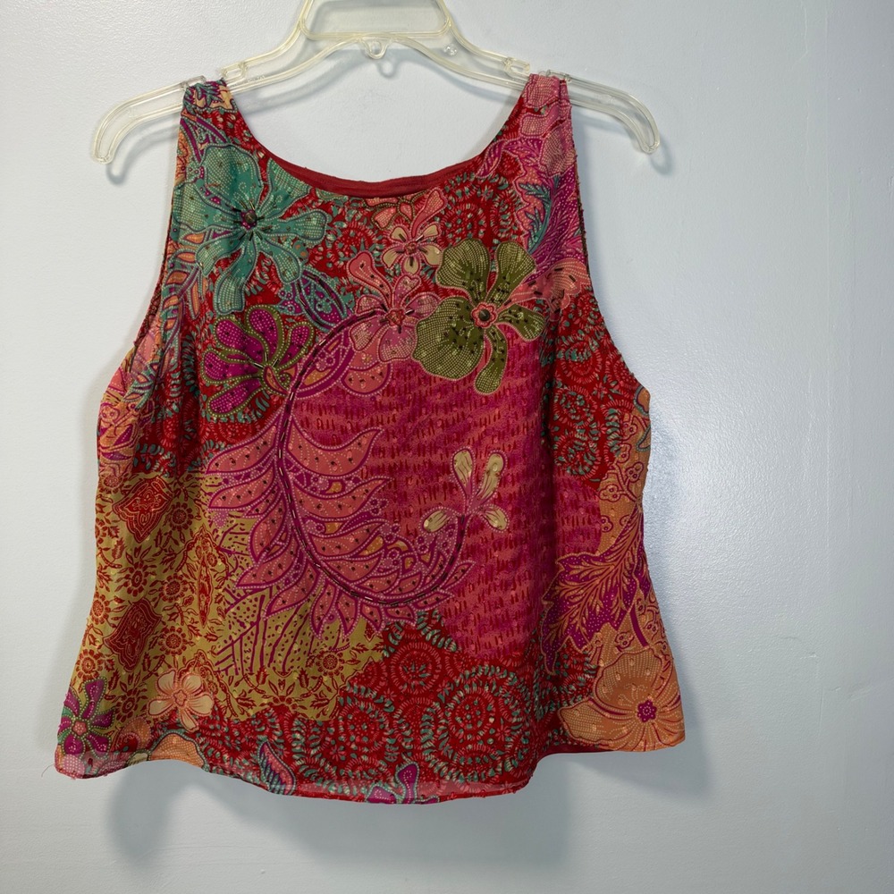 Nancy Bolen City Girl Petite Vintage 90s Y2K Silk Floral Beaded Tank Top Large